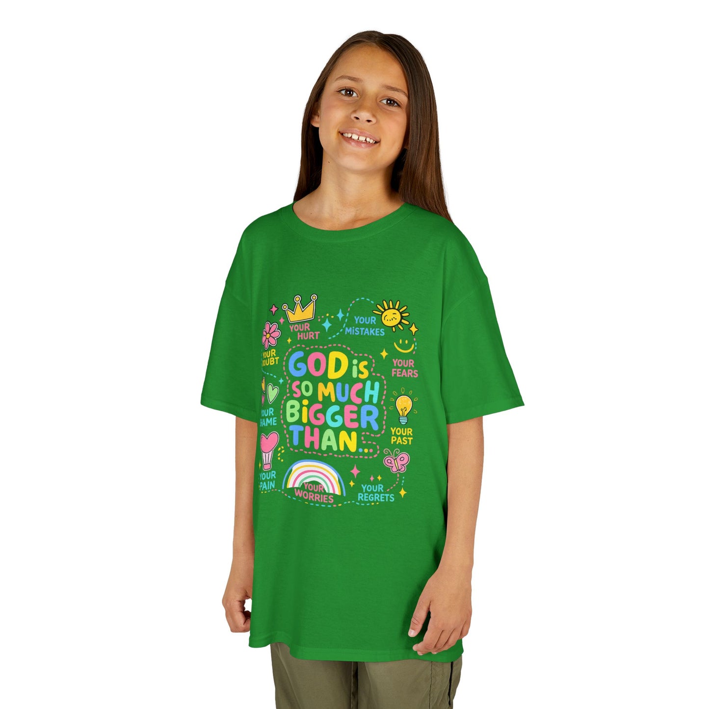UNISEX Kids Tee — "God Is So Much Bigger Than" Colorful Faith Graphic