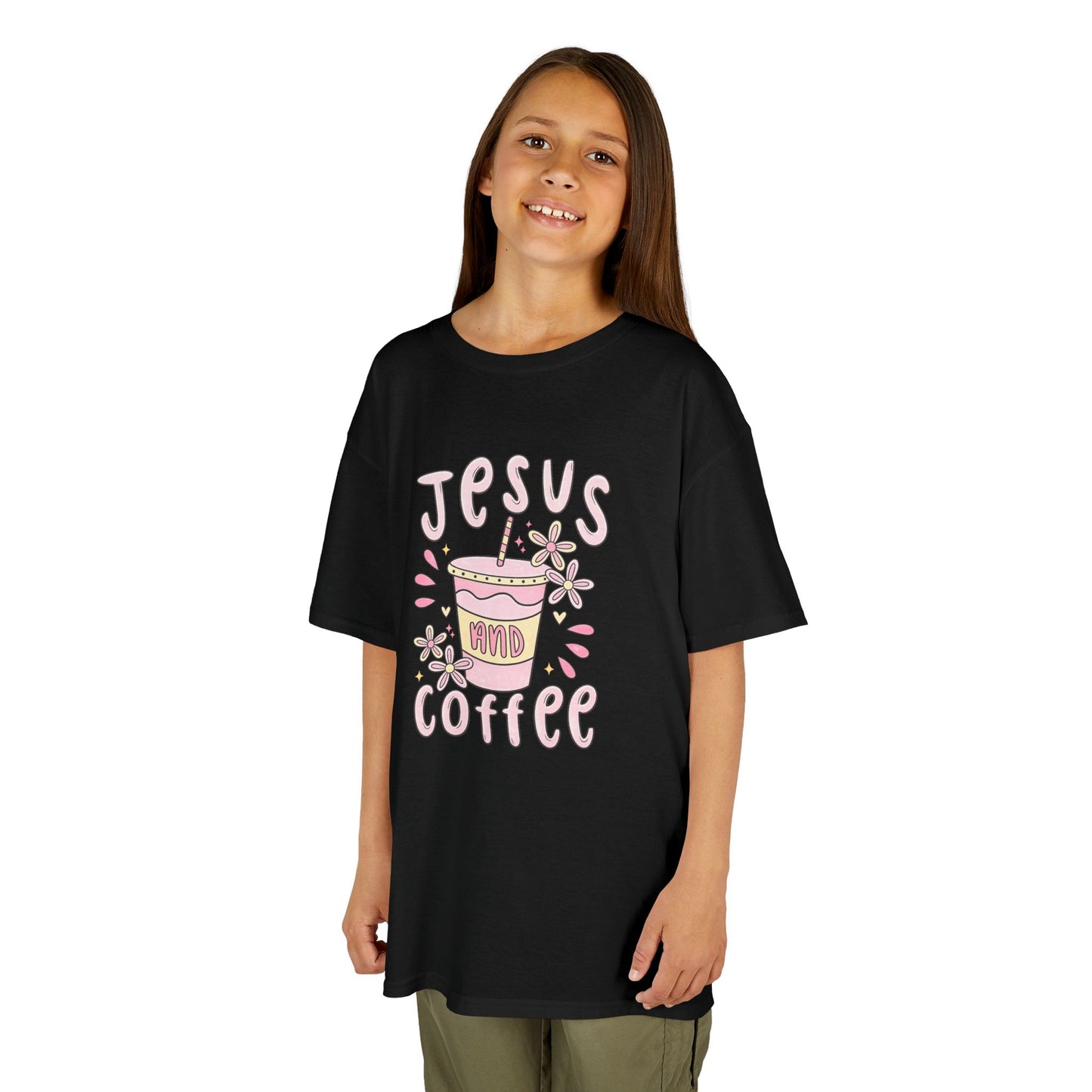 Kids Tee — “Jesus & Coffee” Cute Pastel Faith Graphic