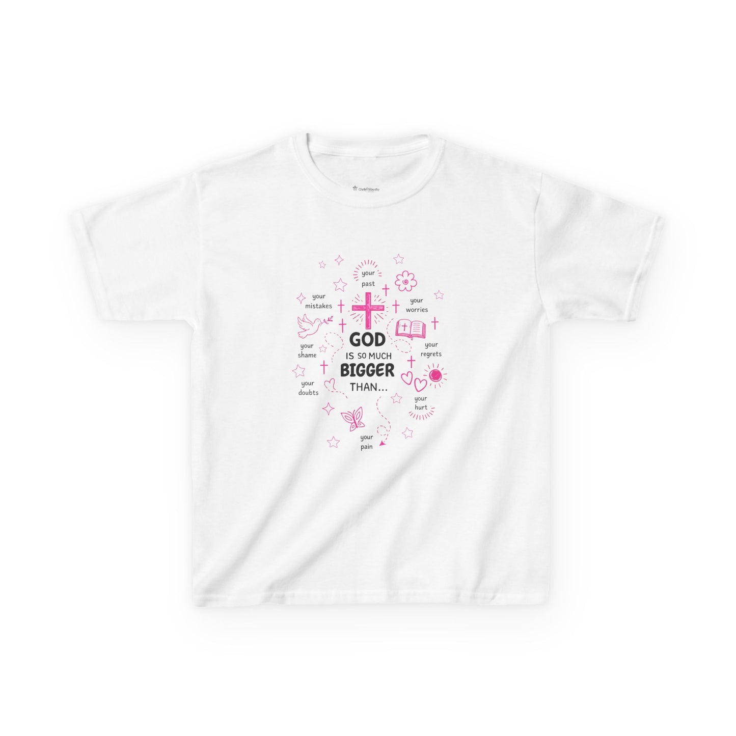 Kids T-Shirt — "God Is Bigger Than" Pink Faith Graphic Tee