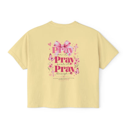 Women's Boxy Tee — Pink Floral Cross "Pray" Christian Graphic Shirt