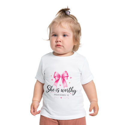 Baby T-Shirt "She is Worthy" Pink Bow Proverbs 31 – Christian Infant Tee