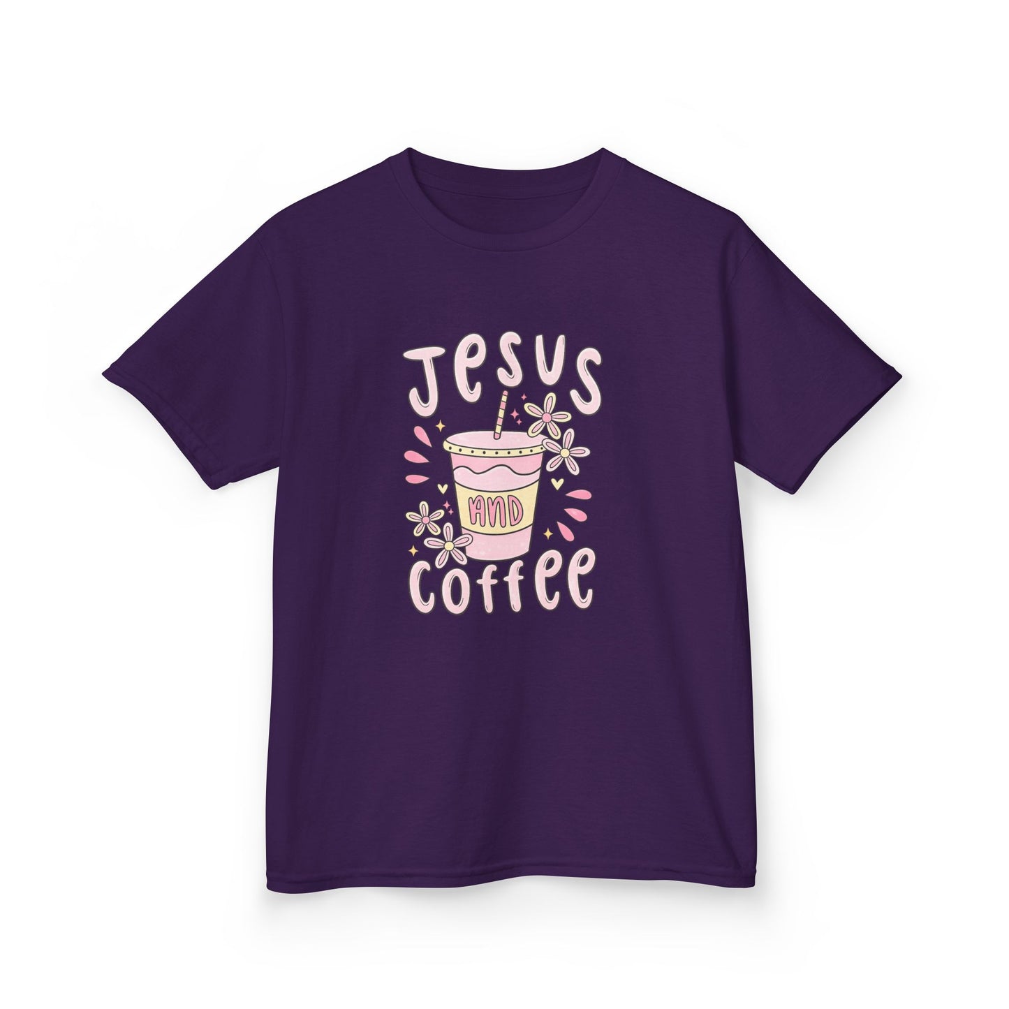 Kids Tee — “Jesus & Coffee” Cute Pastel Faith Graphic