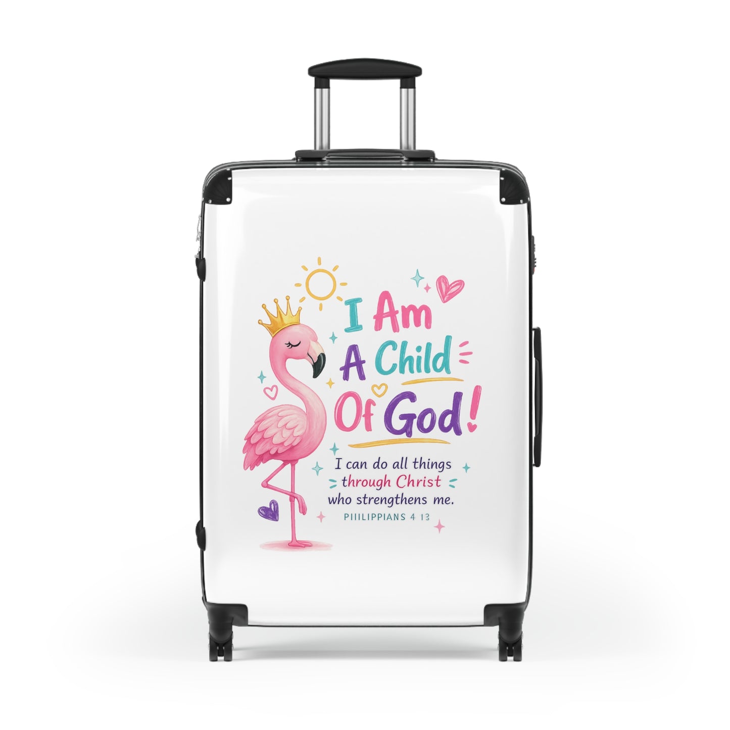 Child of God Kids Suitcase – Pink Flamingo Faith Travel Luggage (Philippians 4:13)