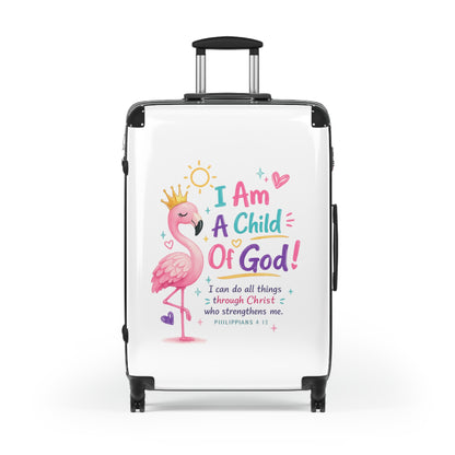Child of God Kids Suitcase – Pink Flamingo Faith Travel Luggage (Philippians 4:13)
