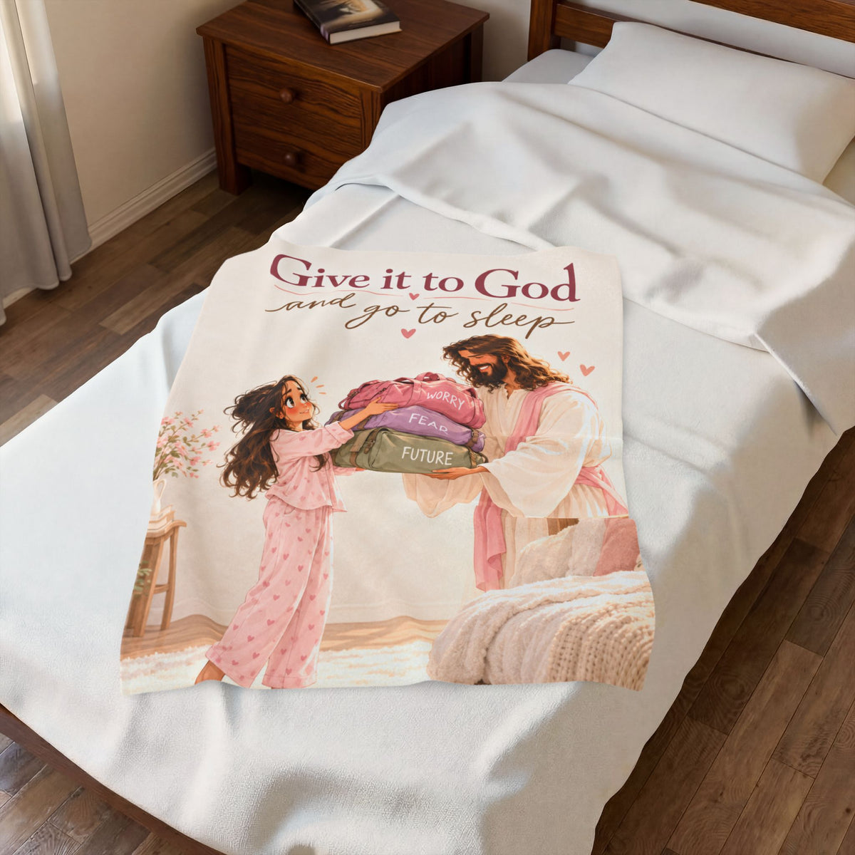Give It to God Plush Blanket — Christian Velveteen Throw for Kids ("Give it to God and go to sleep")