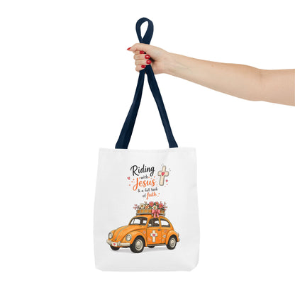 Christian Tote Bag — “Riding with Jesus” Floral Beetle Illustration