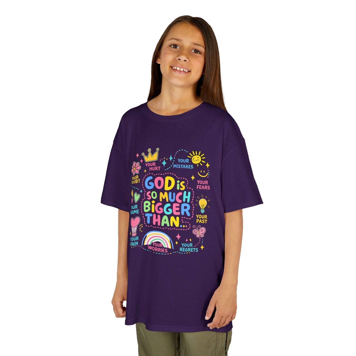 UNISEX Kids Tee — "God Is So Much Bigger Than" Colorful Faith Graphic