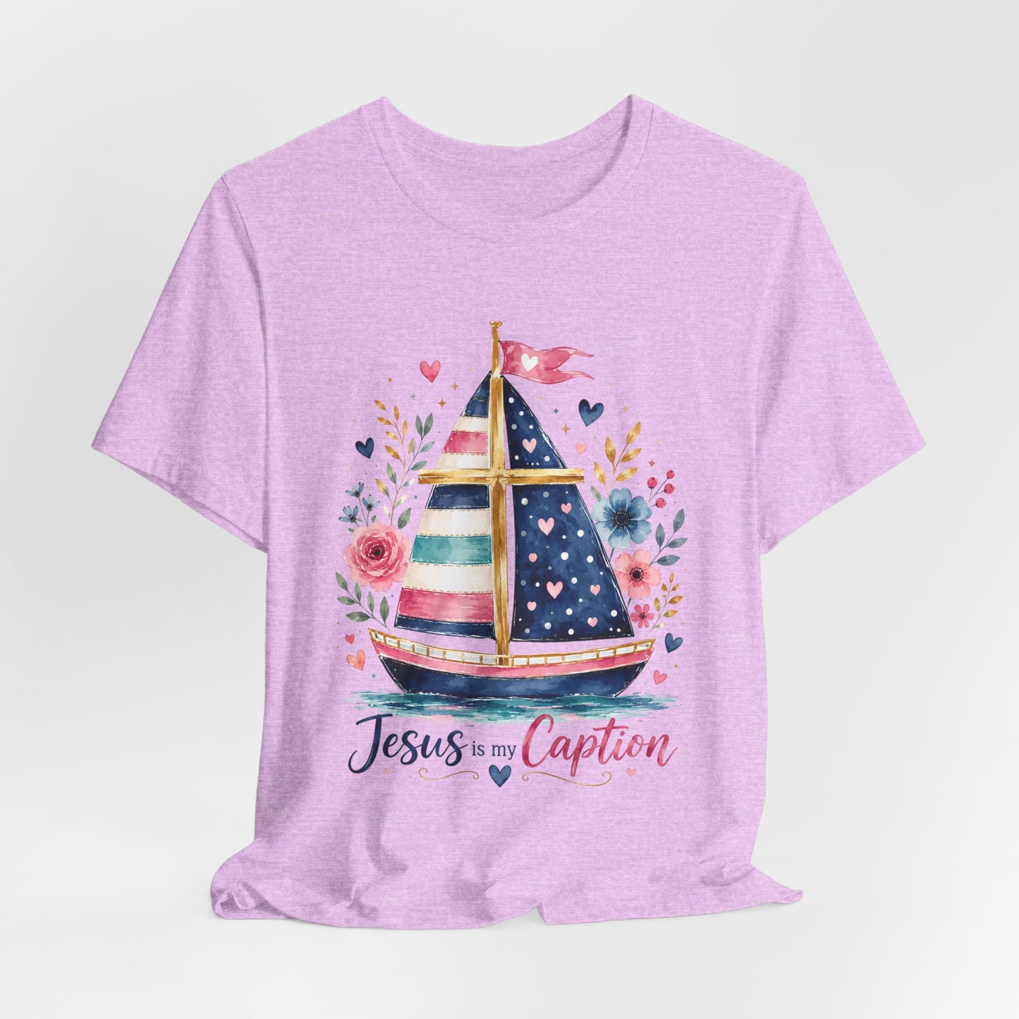 Jesus Is My Caption Sailboat T-Shirt — Floral Patriotic Christian Tee