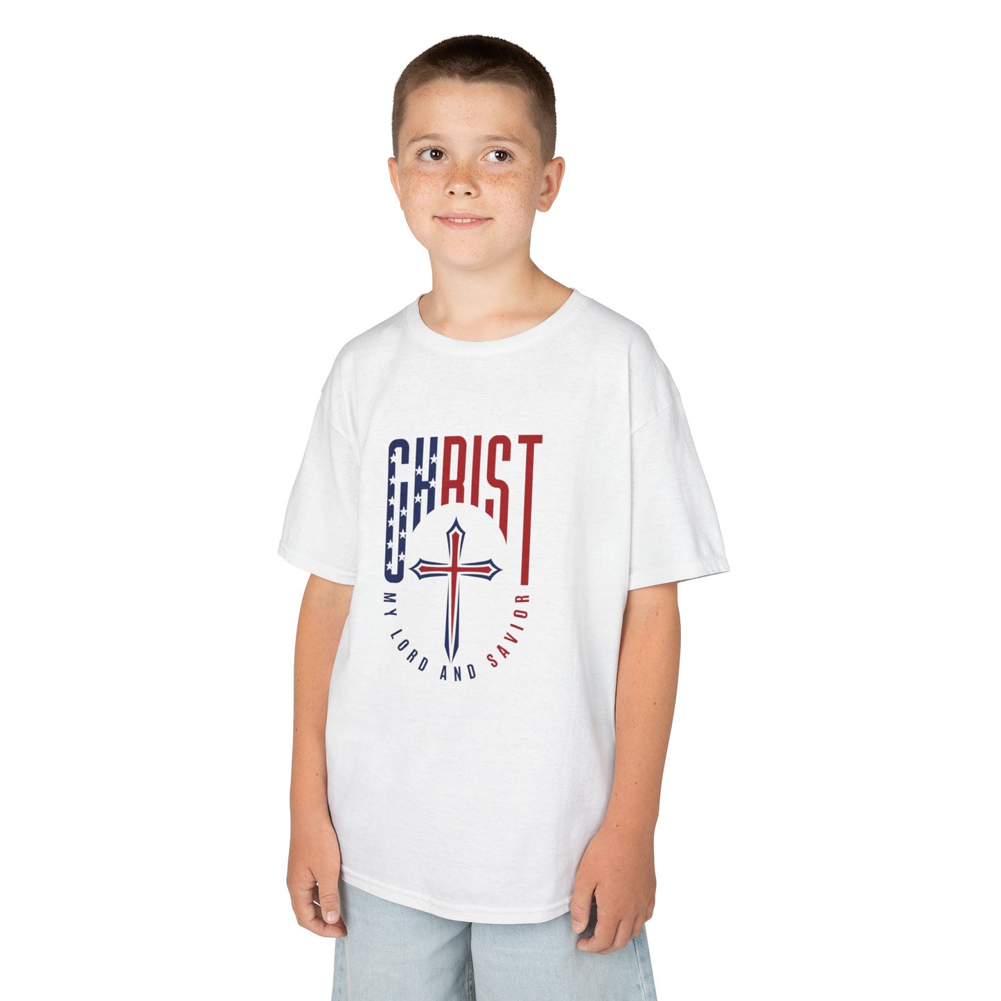 Kids Christian T-Shirt — "Christ Lives Our Hope" Patriotic Cross Tee