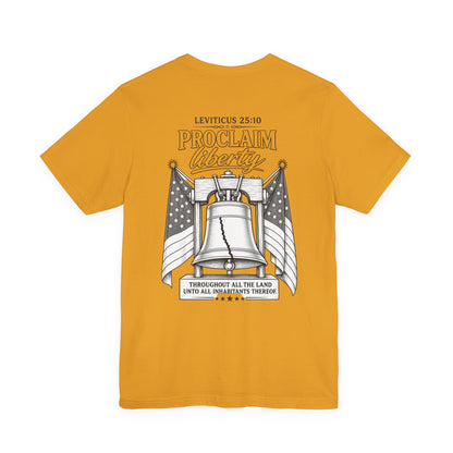 Proclaim Liberty Tee — Liberty Bell & Flags Bible Verse (Leviticus 25:10)