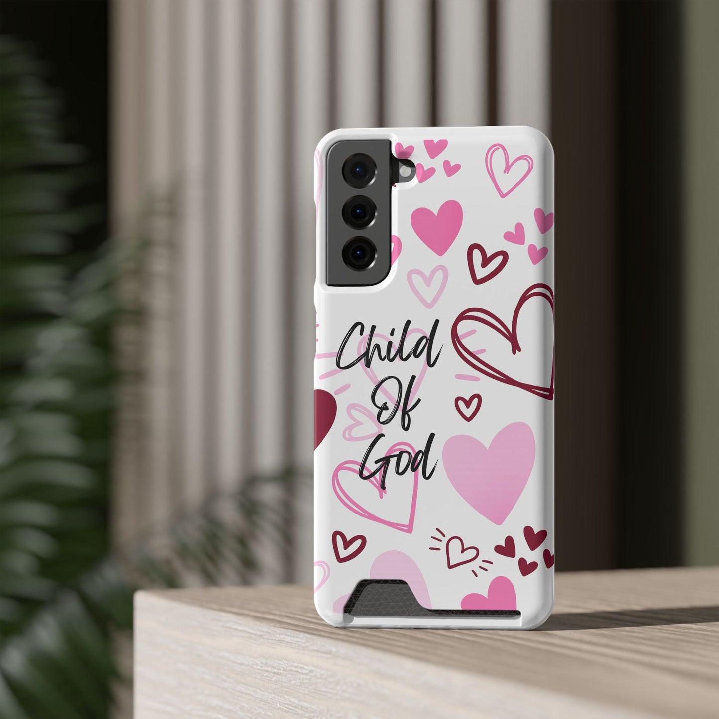 Phone Case — "Child of God" Card Holder Case, Pink Hearts Christian Phone Cover