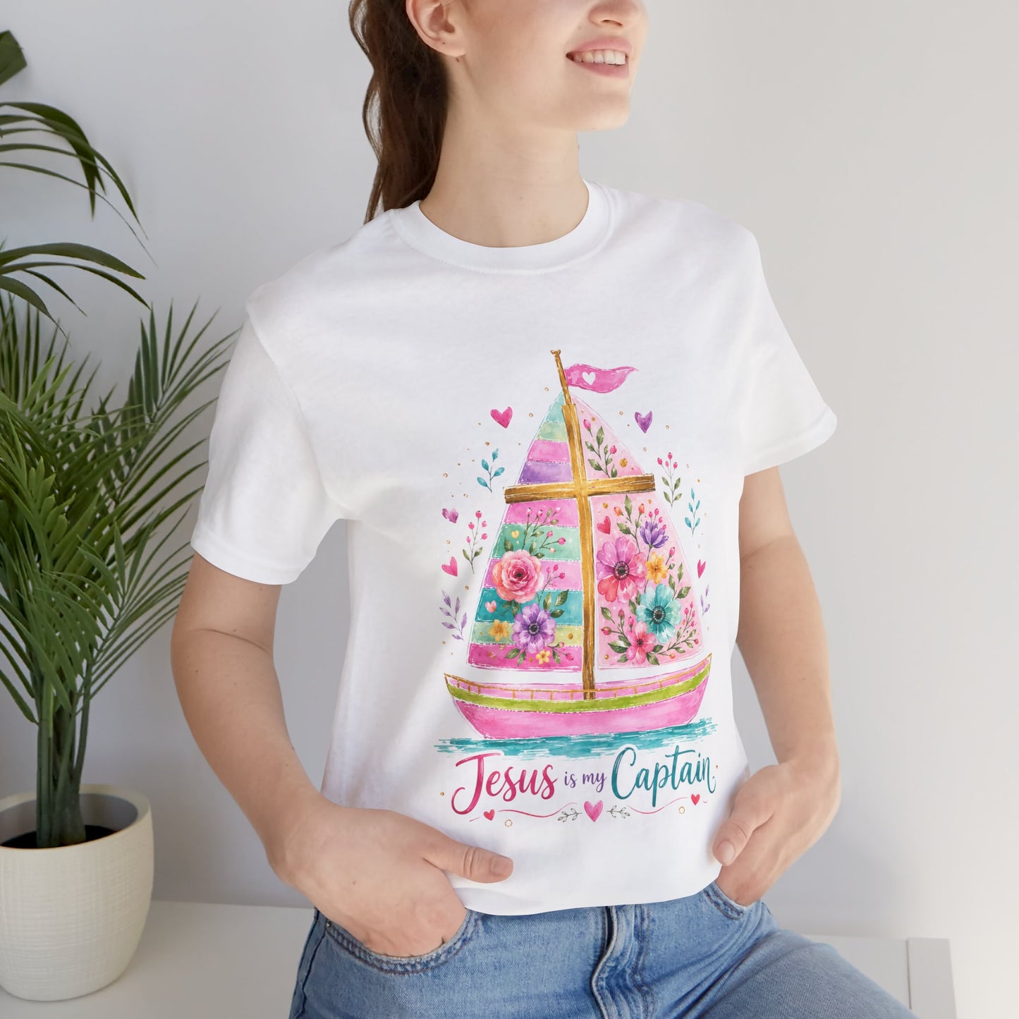 Jesus Is My Captain Floral Sailboat T-Shirt