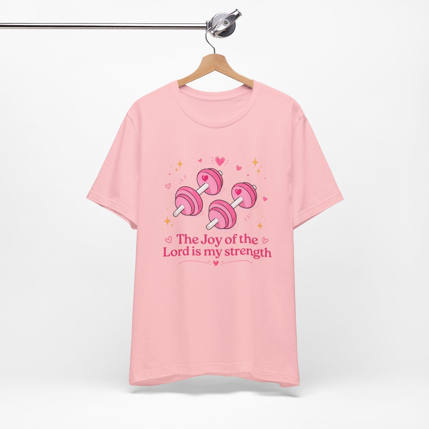 Christian Fitness T-Shirt — “The Joy of the Lord is My Strength” Pink Dumbbells Tee