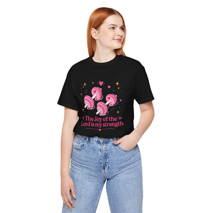 Christian Fitness T-Shirt — “The Joy of the Lord is My Strength” Pink Dumbbells Tee