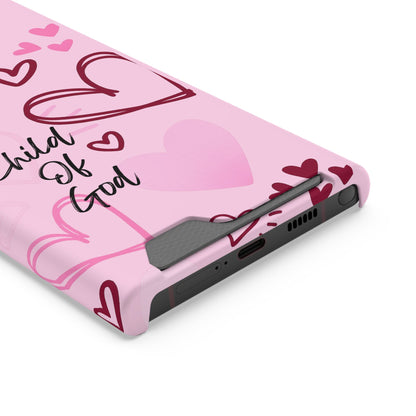 Pink "Child of God" Phone Card Case — Heart Pattern Religious Phone Case with Card Holder