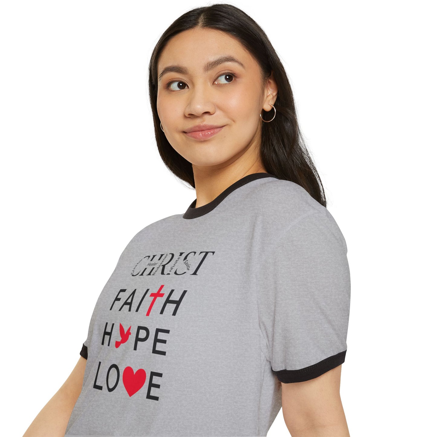Christian Ringer T-Shirt — 'CHRIST' Front / 'JESUS' Back Religious Tee