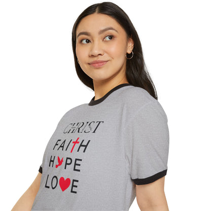 Christian Ringer T-Shirt — 'CHRIST' Front / 'JESUS' Back Religious Tee