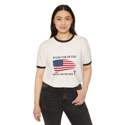 Stand for the Flag, Kneel for the Cross Ringer T-Shirt — America 250 Patriotic Tee