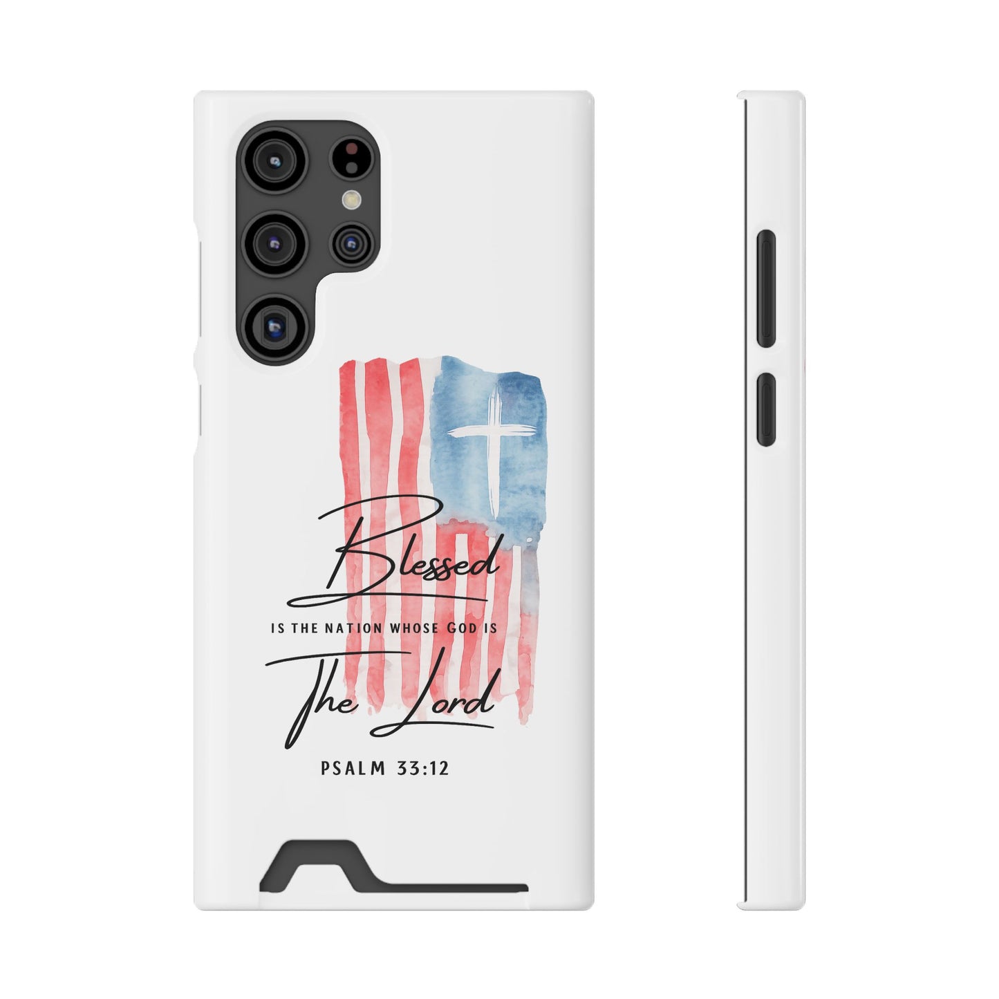 Christian Phone Case with Card Holder — "Blessed The Lord" Psalm 33:12 Patriotic Cross Design