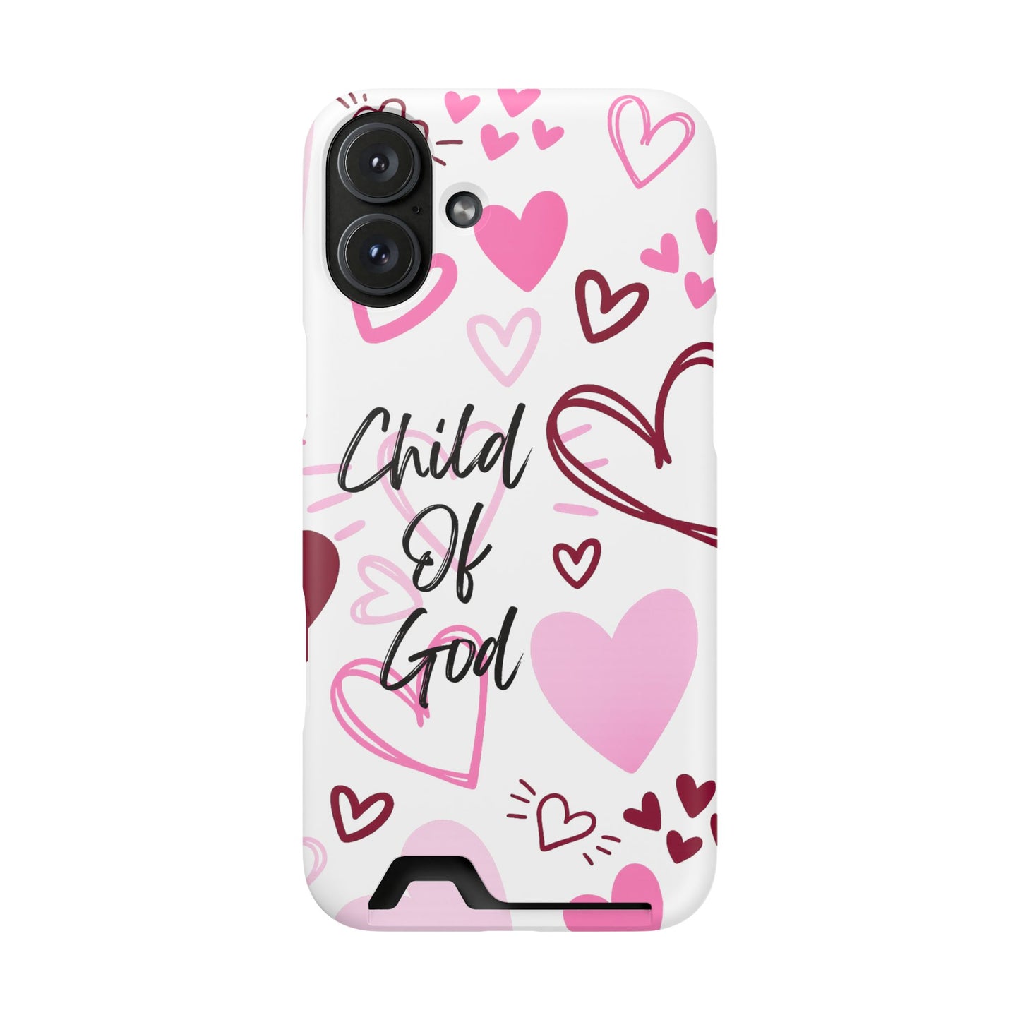 Phone Case — "Child of God" Card Holder Case, Pink Hearts Christian Phone Cover