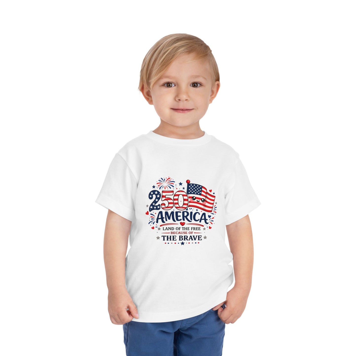 Toddler Tee - "250 Years of America" Patriotic 4th of July Shirt with Heart Cross Back