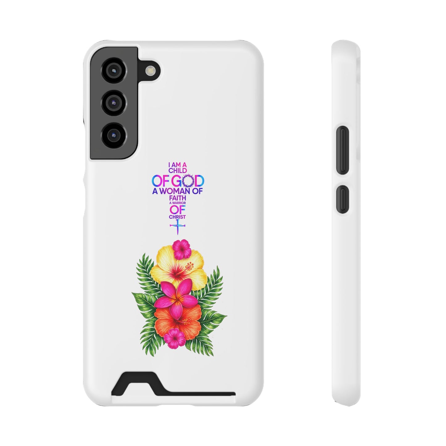 Phone Case with Card Holder — Floral Cross Design: "I Am a Child of God, A Woman of Faith"