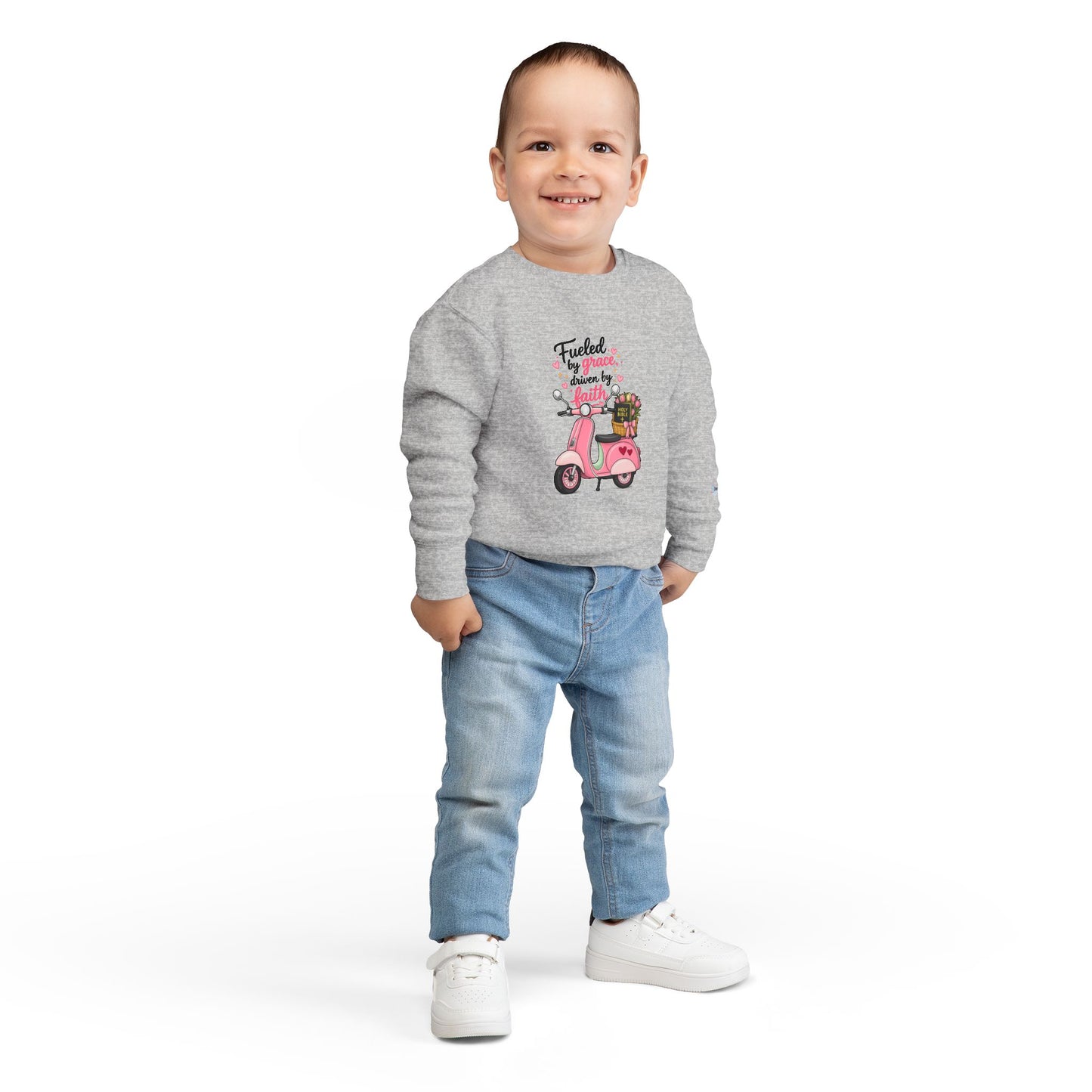 Toddlers' Faith Sweatshirt — "Fueled by Grace, Driven by Faith" Pink Scooter