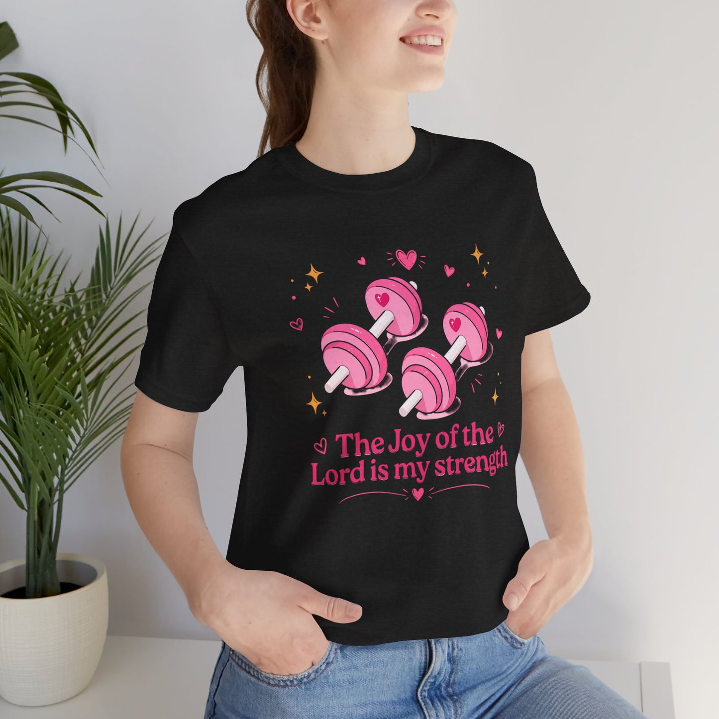 Christian Fitness T-Shirt — “The Joy of the Lord is My Strength” Pink Dumbbells Tee
