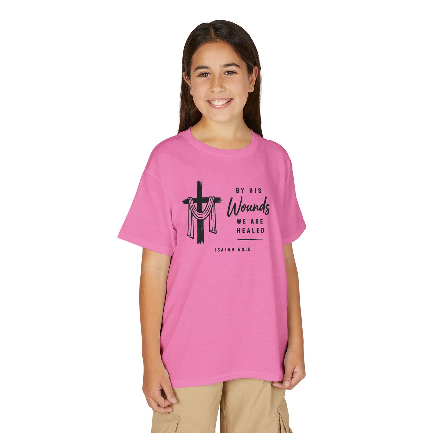 Youth T-Shirt - "By His Wounds We Are Healed" Christian Cross Tee