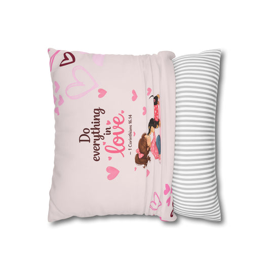 Do Everything in Love Pillowcase — Pink Christian Decorative Throw Pillow