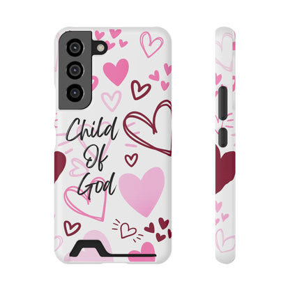 Phone Case — "Child of God" Card Holder Case, Pink Hearts Christian Phone Cover