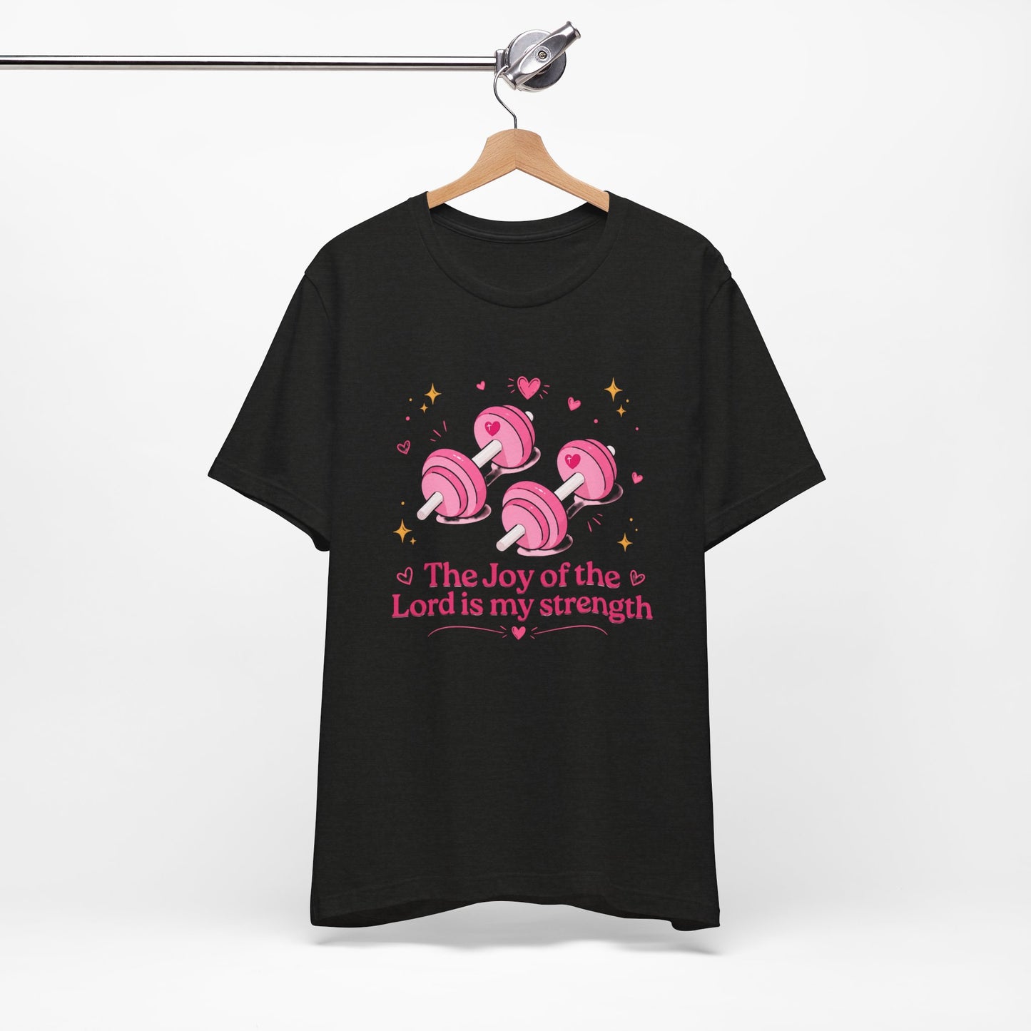 Christian Fitness T-Shirt — “The Joy of the Lord is My Strength” Pink Dumbbells Tee