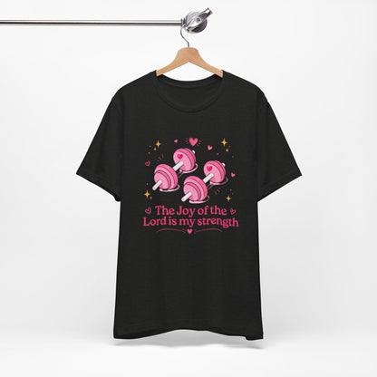 Christian Fitness T-Shirt — “The Joy of the Lord is My Strength” Pink Dumbbells Tee