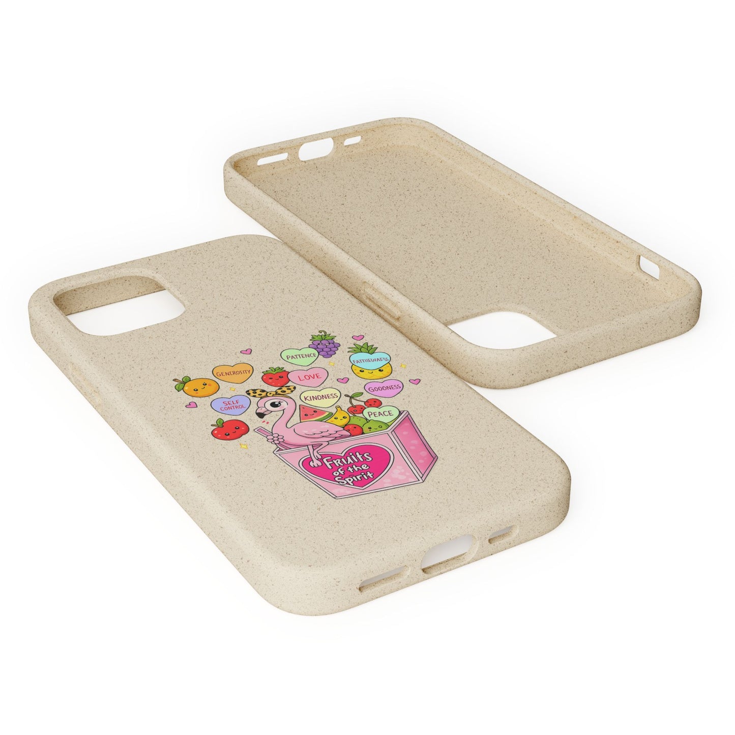 Biodegradable Phone Case — Cute Flamingo & Fruit Hearts "Fruity Love" Eco-Friendly iPhone Cover