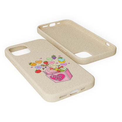 Biodegradable Phone Case — Cute Flamingo & Fruit Hearts "Fruity Love" Eco-Friendly iPhone Cover