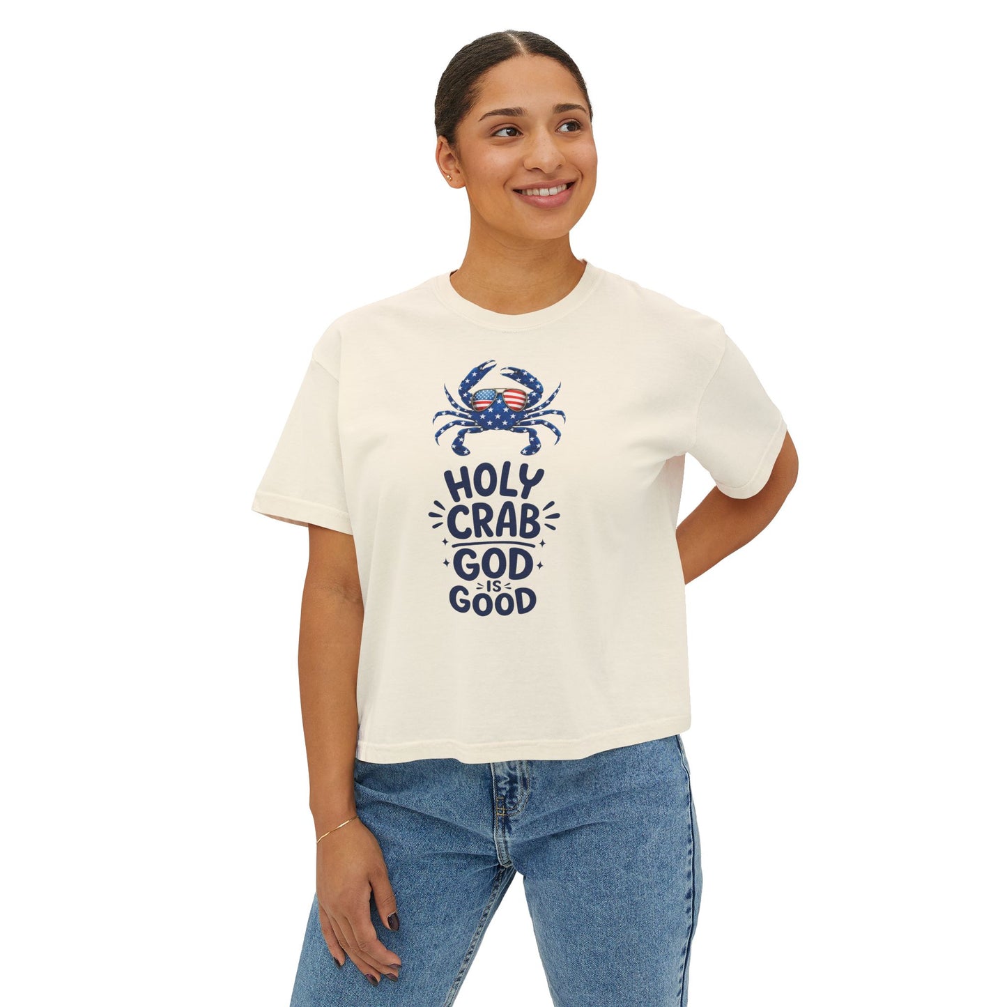 Women’s Boxy Tee — ‘Holy Crab, God Is Good’ Nautical Christian Tee