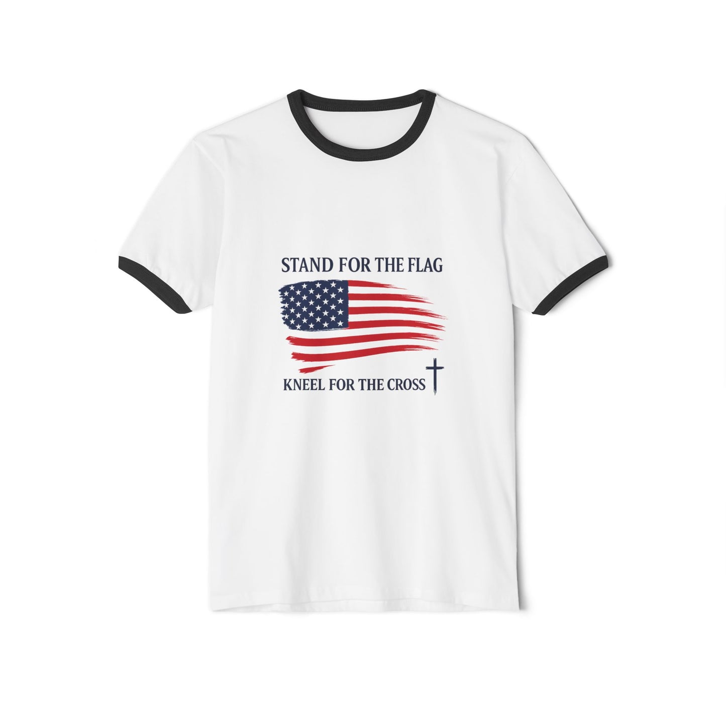 Stand for the Flag, Kneel for the Cross Ringer T-Shirt — America 250 Patriotic Tee