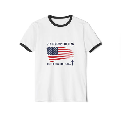 Stand for the Flag, Kneel for the Cross Ringer T-Shirt — America 250 Patriotic Tee