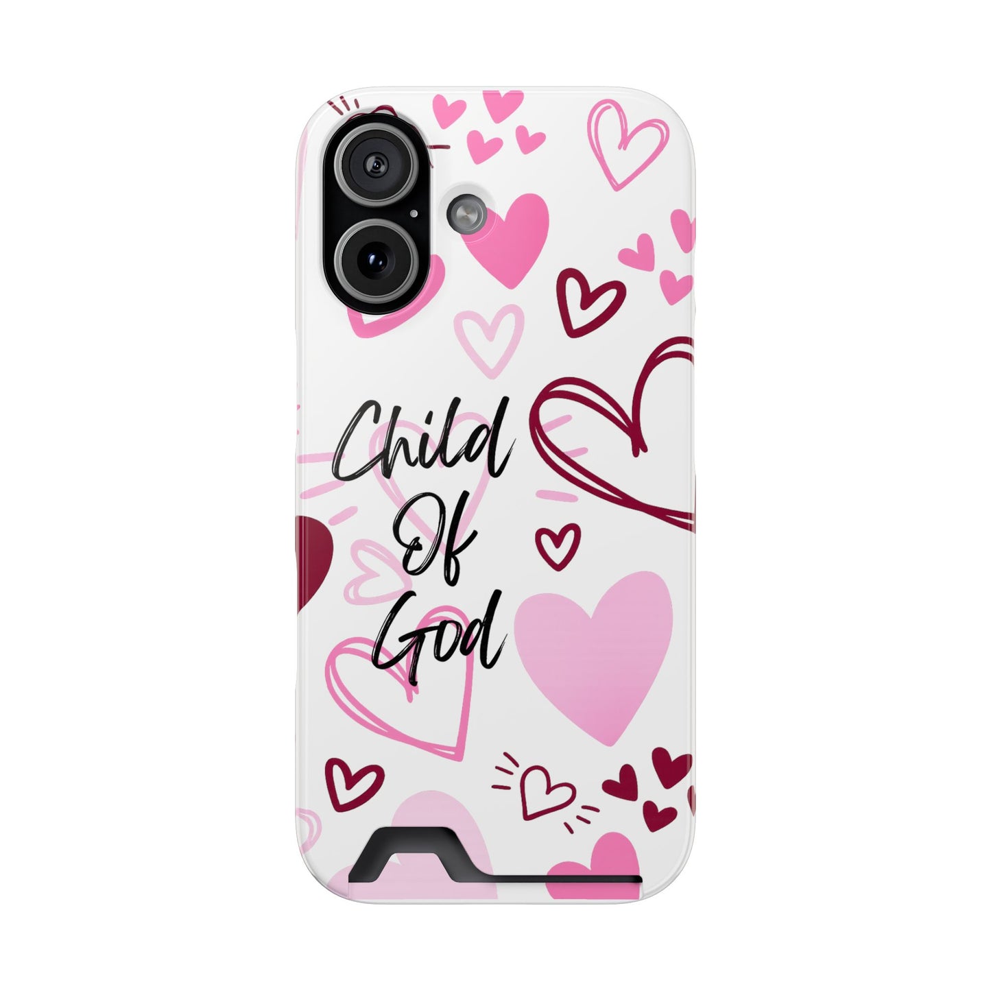 Phone Case — "Child of God" Card Holder Case, Pink Hearts Christian Phone Cover