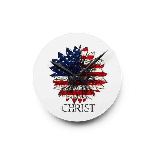 Patriotic Sunflower "Christ" Acrylic Wall Clock — American Flag Floral Christian Home Decor