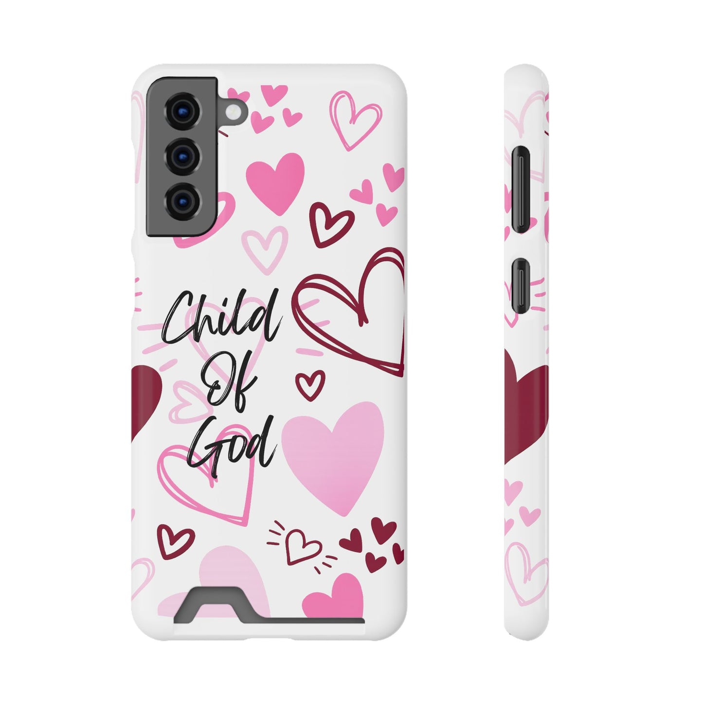 Phone Case — "Child of God" Card Holder Case, Pink Hearts Christian Phone Cover