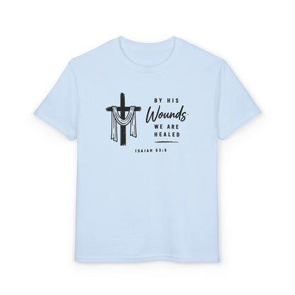 Youth T-Shirt - "By His Wounds We Are Healed" Christian Cross Tee