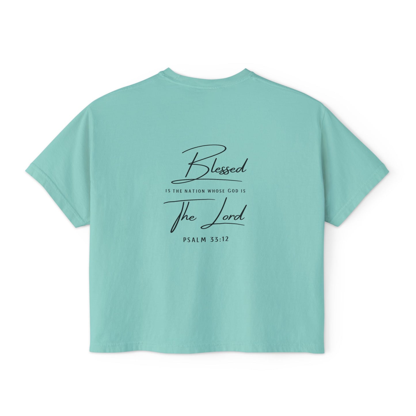 Blessed Tee — Women’s Boxy Christian T-Shirt with Flag Cross (Psalm 33:12)