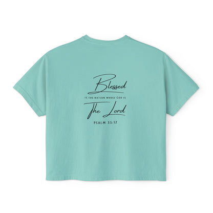 Blessed Tee — Women’s Boxy Christian T-Shirt with Flag Cross (Psalm 33:12)