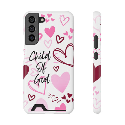 Phone Case — "Child of God" Card Holder Case, Pink Hearts Christian Phone Cover