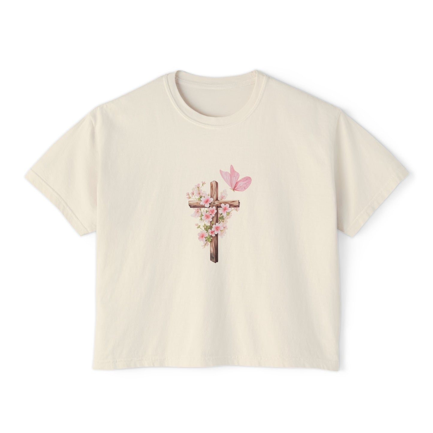 Women's Boxy Tee — Pink Floral Cross "Pray" Christian Graphic Shirt