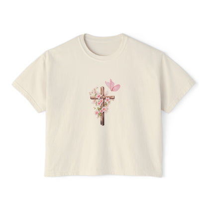 Women's Boxy Tee — Pink Floral Cross "Pray" Christian Graphic Shirt