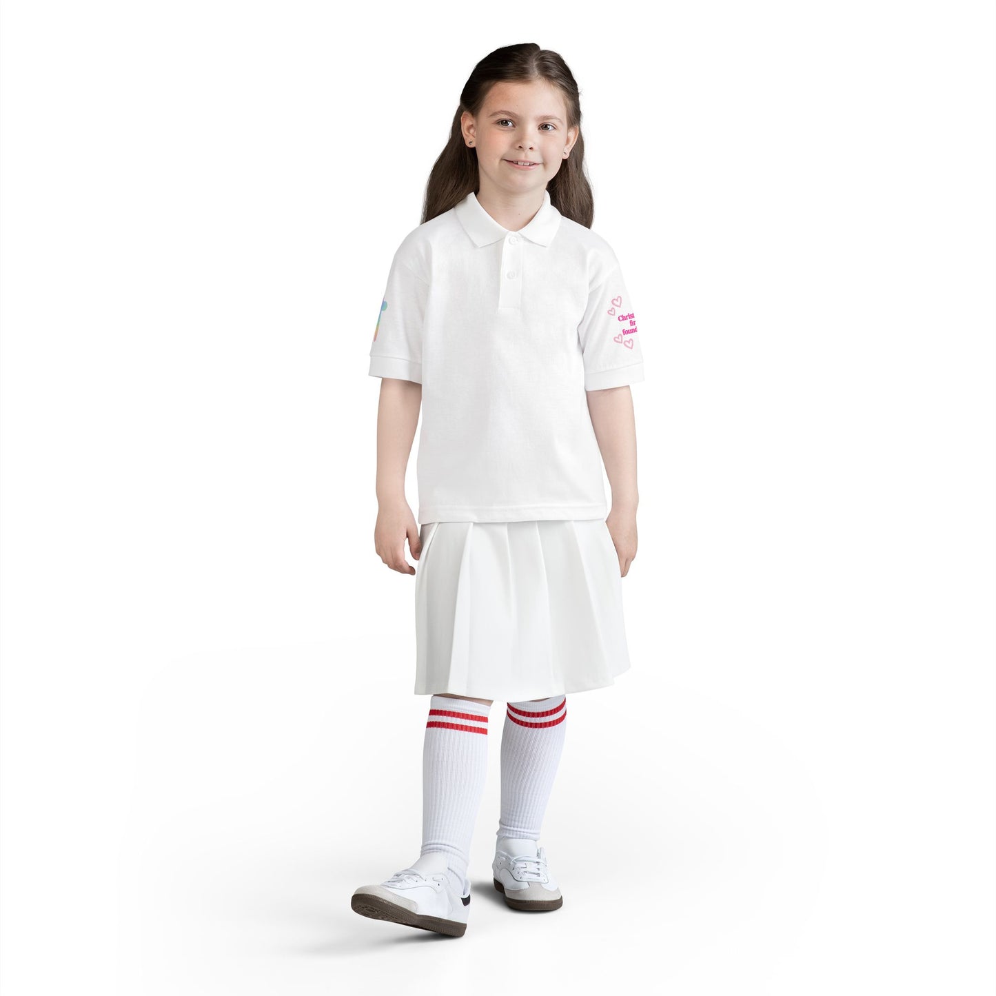 Youth Polo Shirt — Pink Floral Flamingo Kids' Polo (Hearts & Colorful Sleeves)
