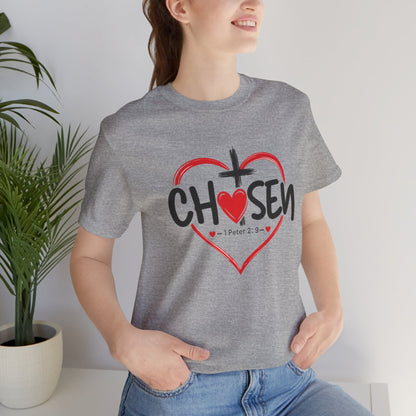 Chosen Heart Christian T-Shirt — "Chosen" with Cross & 1 Peter 2:9 Faith Tee