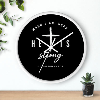 He Is Strong Wall Clock — 2 Corinthians 12:9 Christian Faith Clock